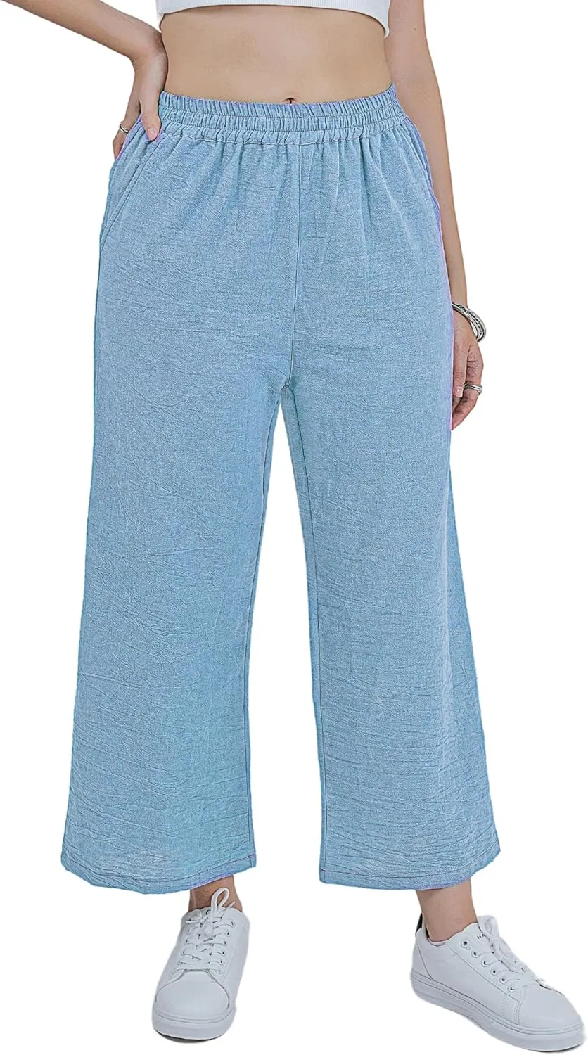 LOFBAZ Women Cotton Linen Wide Leg Capris Pants Cropped Palazzo Elastic High Waist Trousers Casual Loose Summer Clothing