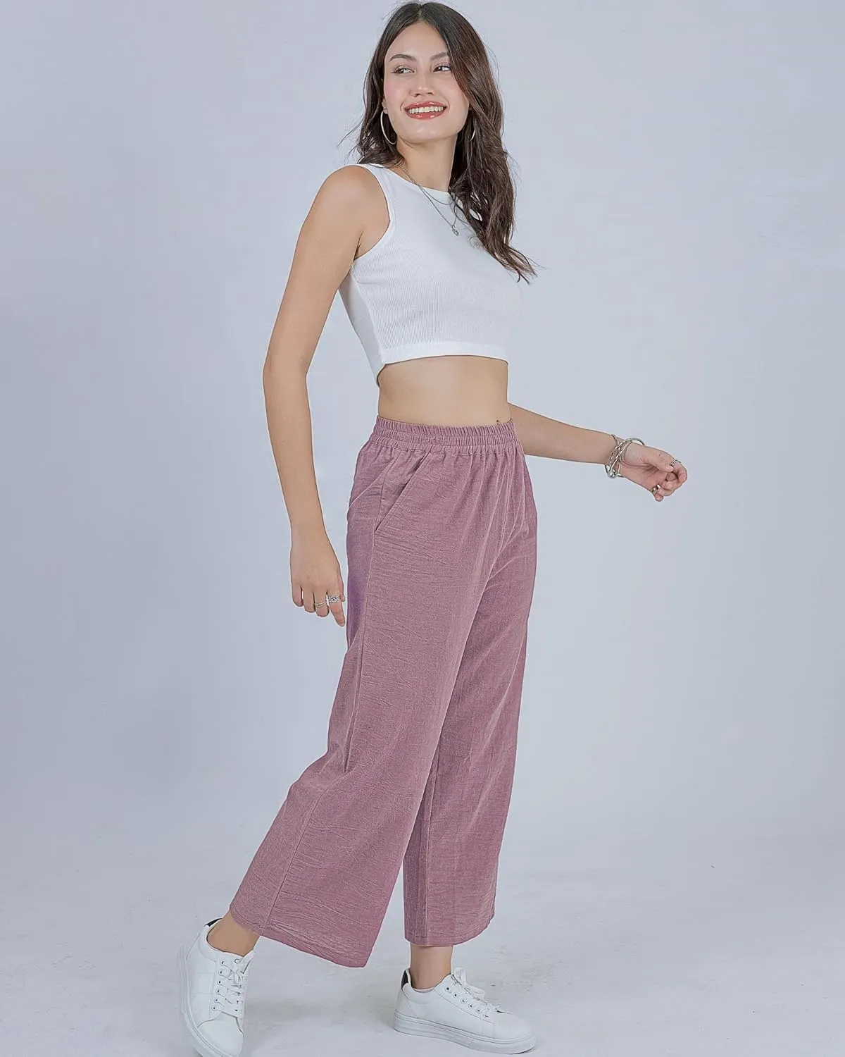 LOFBAZ Women Cotton Linen Wide Leg Capris Pants Cropped Palazzo Elastic High Waist Trousers Casual Loose Summer Clothing