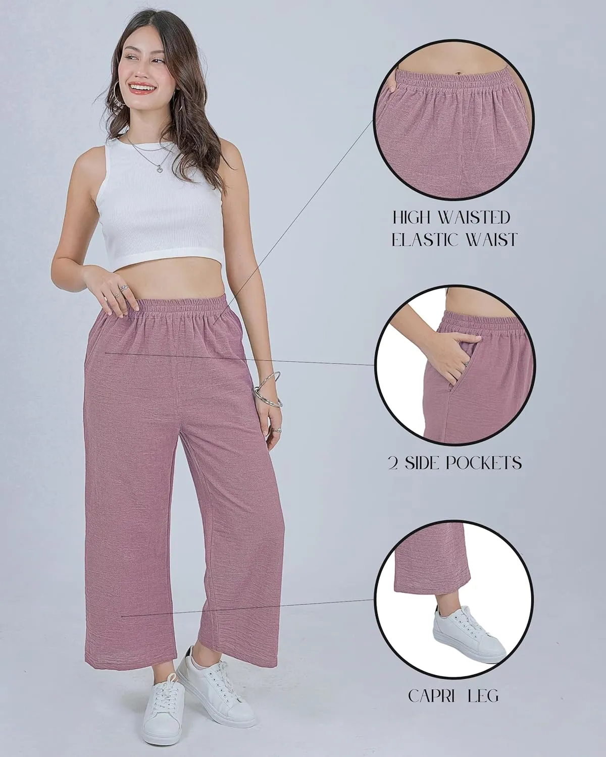 LOFBAZ Women Cotton Linen Wide Leg Capris Pants Cropped Palazzo Elastic High Waist Trousers Casual Loose Summer Clothing