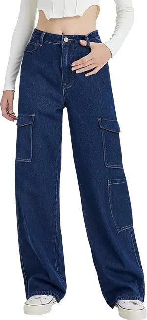 LONGYIDA High Waisted Baggy Jeans for Women Stretch Straight Y2K Wide Leg Denim Pants Casual Cargo Jeans