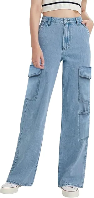 LONGYIDA High Waisted Baggy Jeans for Women Stretch Straight Y2K Wide Leg Denim Pants Casual Cargo Jeans