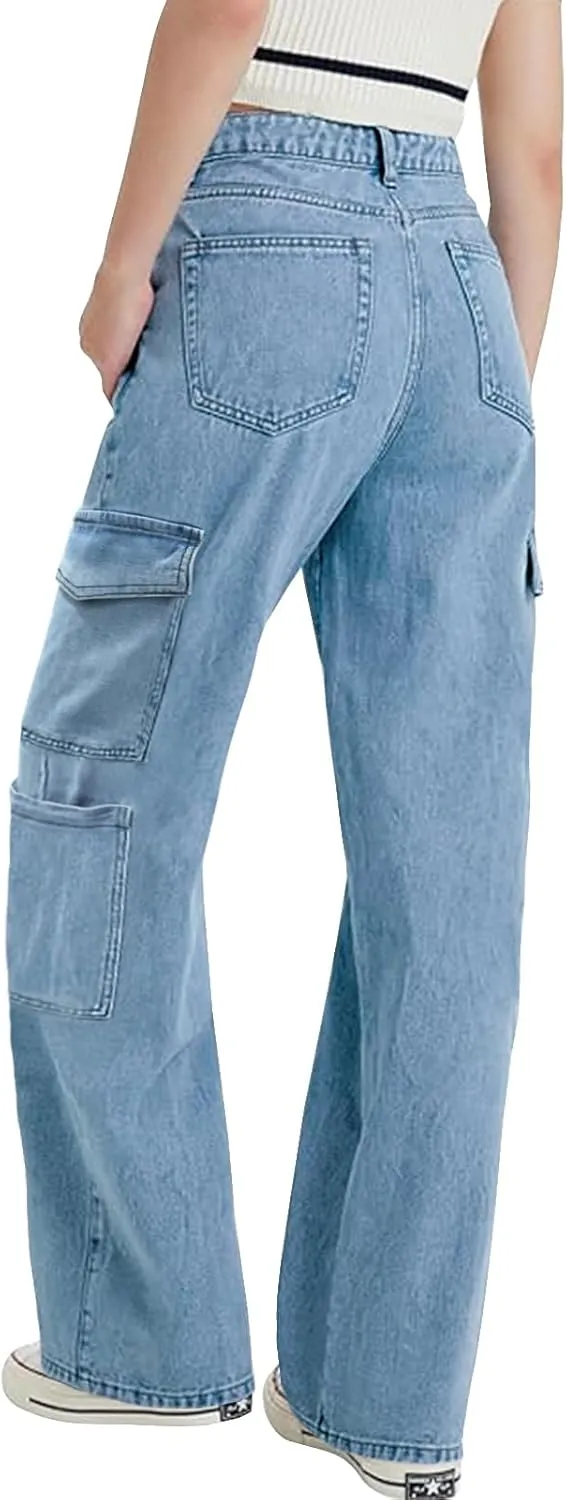 LONGYIDA High Waisted Baggy Jeans for Women Stretch Straight Y2K Wide Leg Denim Pants Casual Cargo Jeans