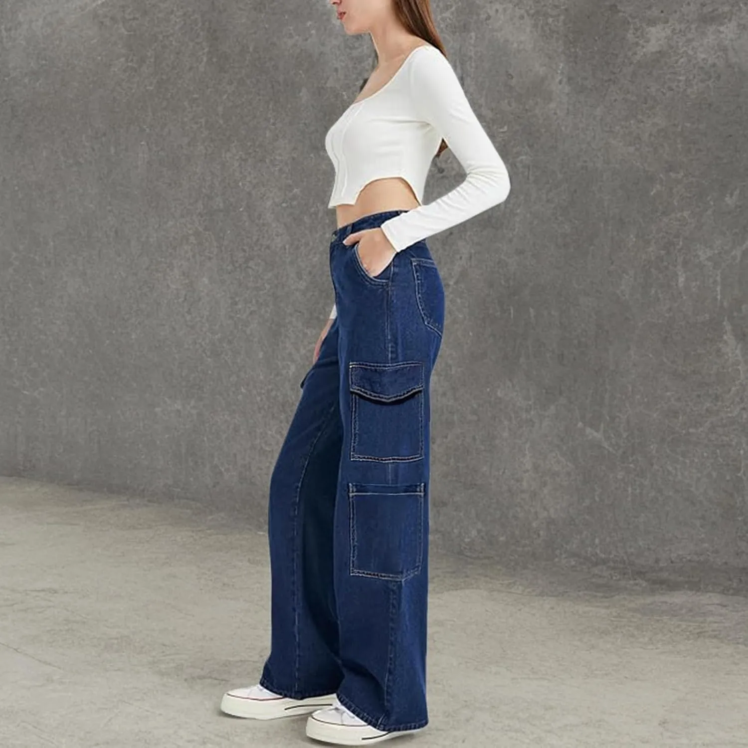 LONGYIDA High Waisted Baggy Jeans for Women Stretch Straight Y2K Wide Leg Denim Pants Casual Cargo Jeans