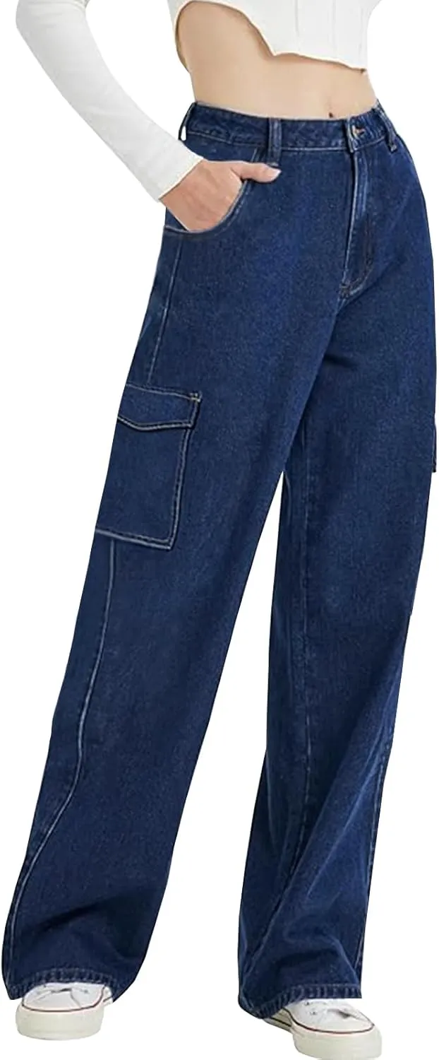 LONGYIDA High Waisted Baggy Jeans for Women Stretch Straight Y2K Wide Leg Denim Pants Casual Cargo Jeans