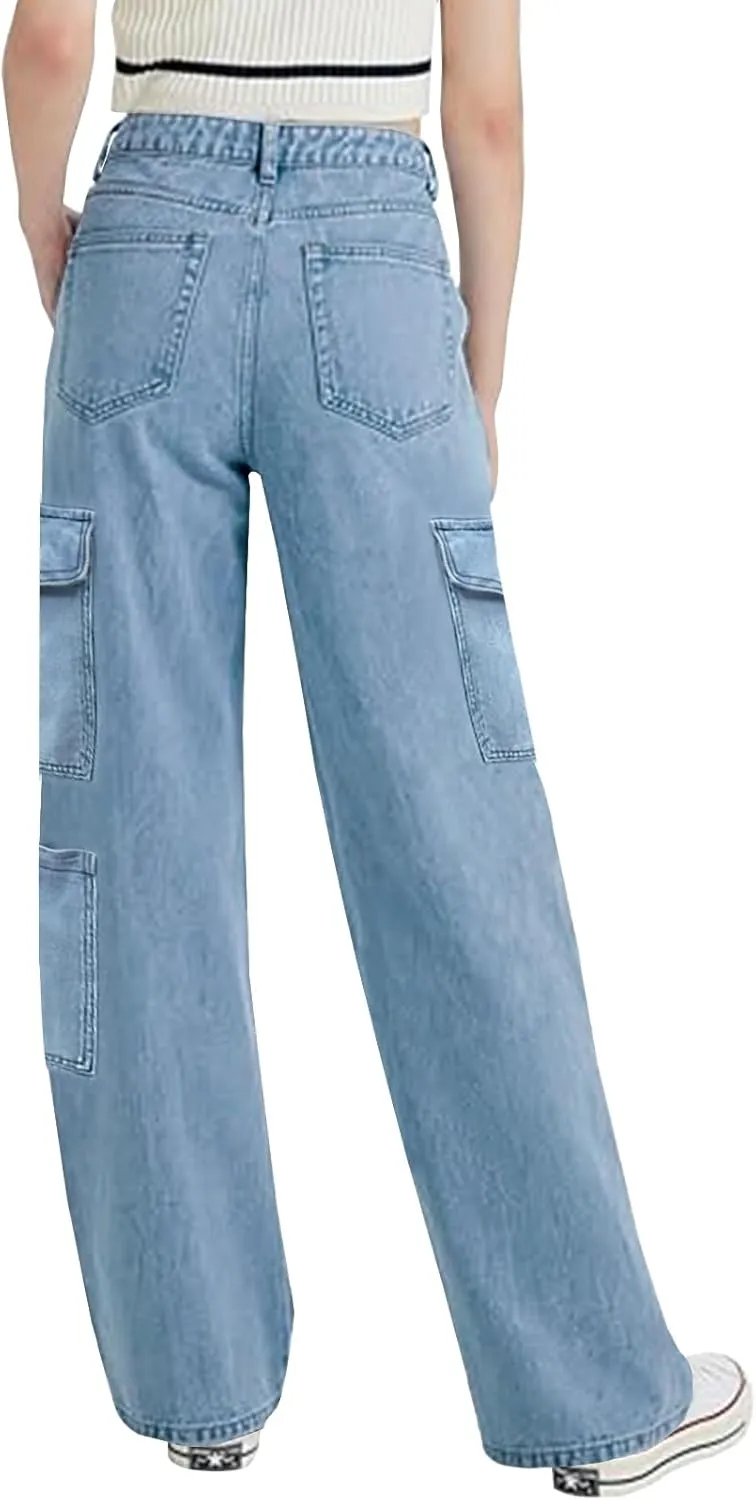 LONGYIDA High Waisted Baggy Jeans for Women Stretch Straight Y2K Wide Leg Denim Pants Casual Cargo Jeans