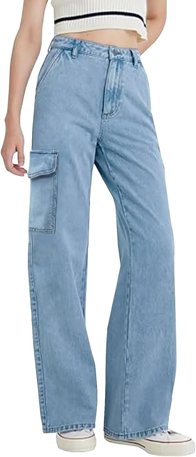 LONGYIDA High Waisted Baggy Jeans for Women Stretch Straight Y2K Wide Leg Denim Pants Casual Cargo Jeans
