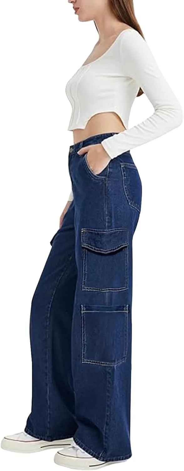 LONGYIDA High Waisted Baggy Jeans for Women Stretch Straight Y2K Wide Leg Denim Pants Casual Cargo Jeans