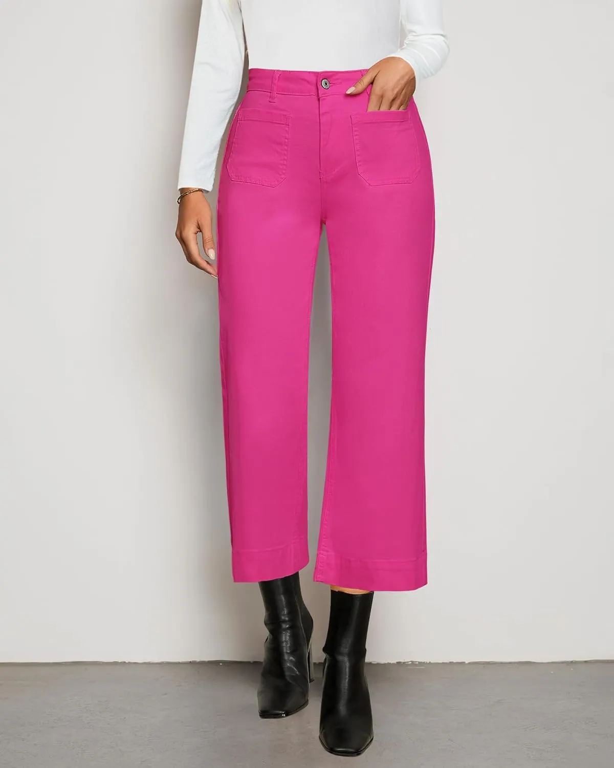 LookbookStore Wide Leg Cropped Jeans for Women High Waisted Stretchy Denim Jean Pants Baggy Flare Trouser Jeans Pockets