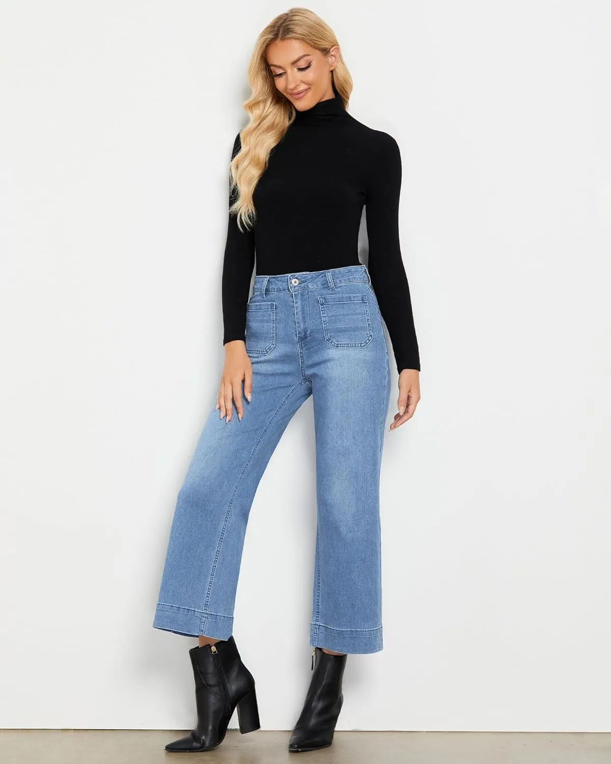LookbookStore Wide Leg Cropped Jeans for Women High Waisted Stretchy Denim Jean Pants Baggy Flare Trouser Jeans Pockets