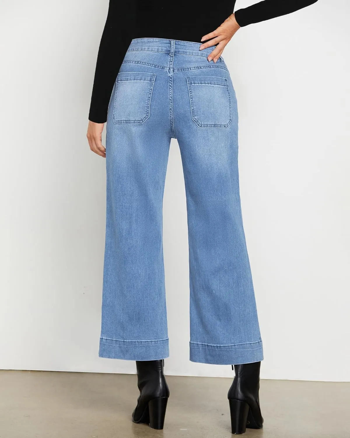 LookbookStore Wide Leg Cropped Jeans for Women High Waisted Stretchy Denim Jean Pants Baggy Flare Trouser Jeans Pockets