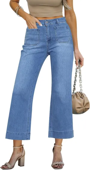 LookbookStore Wide Leg Cropped Jeans for Women High Waisted Stretchy Denim Jean Pants Baggy Flare Trouser Jeans Pockets