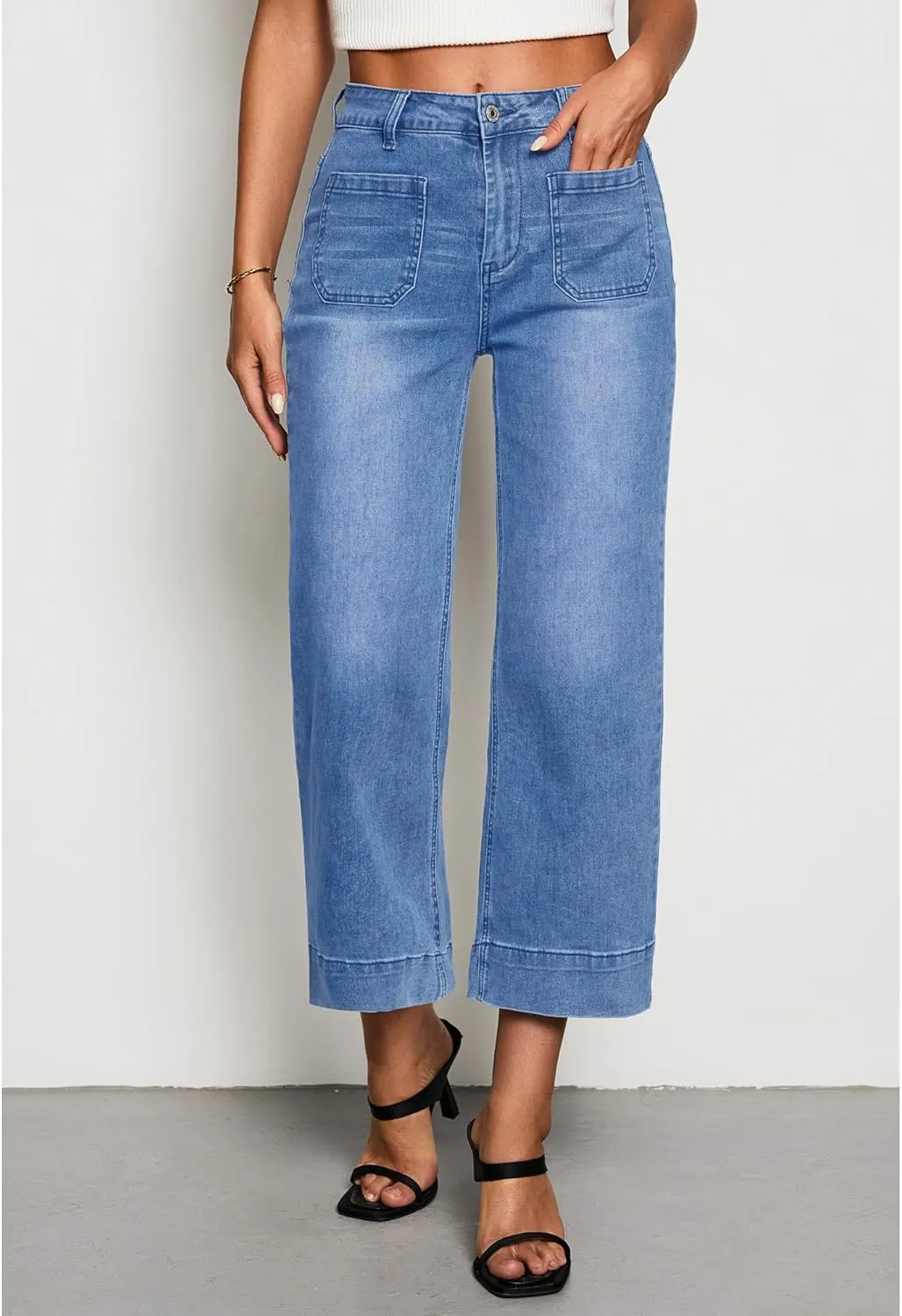 LookbookStore Wide Leg Cropped Jeans for Women High Waisted Stretchy Denim Jean Pants Baggy Flare Trouser Jeans Pockets