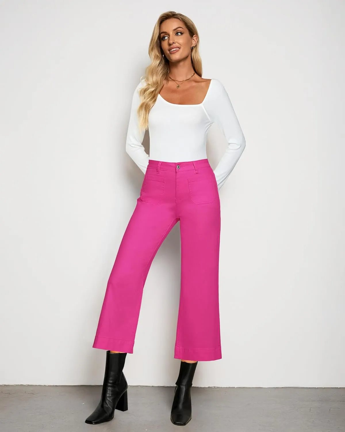 LookbookStore Wide Leg Cropped Jeans for Women High Waisted Stretchy Denim Jean Pants Baggy Flare Trouser Jeans Pockets