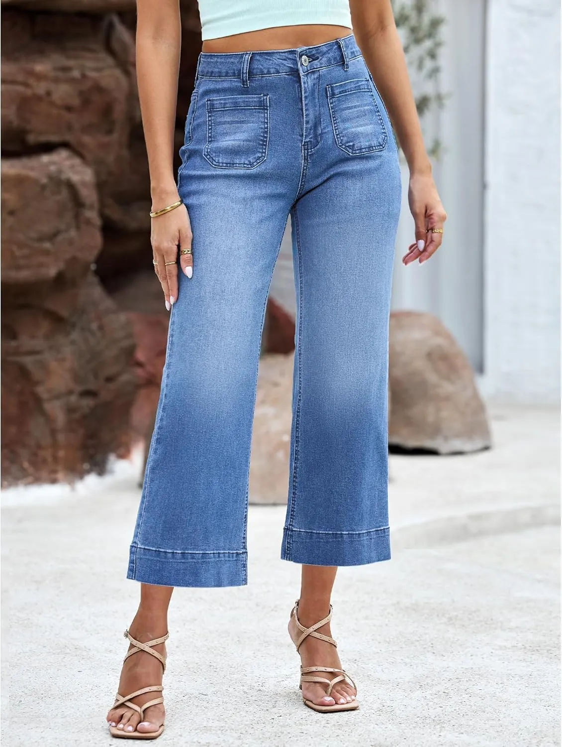 LookbookStore Wide Leg Cropped Jeans for Women High Waisted Stretchy Denim Jean Pants Baggy Flare Trouser Jeans Pockets