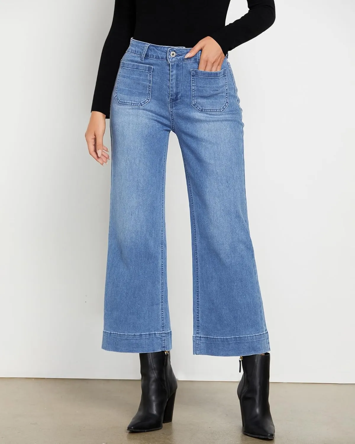 LookbookStore Wide Leg Cropped Jeans for Women High Waisted Stretchy Denim Jean Pants Baggy Flare Trouser Jeans Pockets