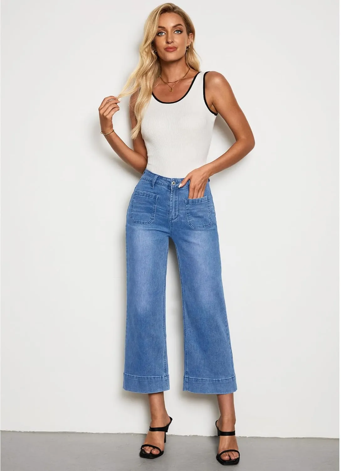 LookbookStore Wide Leg Cropped Jeans for Women High Waisted Stretchy Denim Jean Pants Baggy Flare Trouser Jeans Pockets
