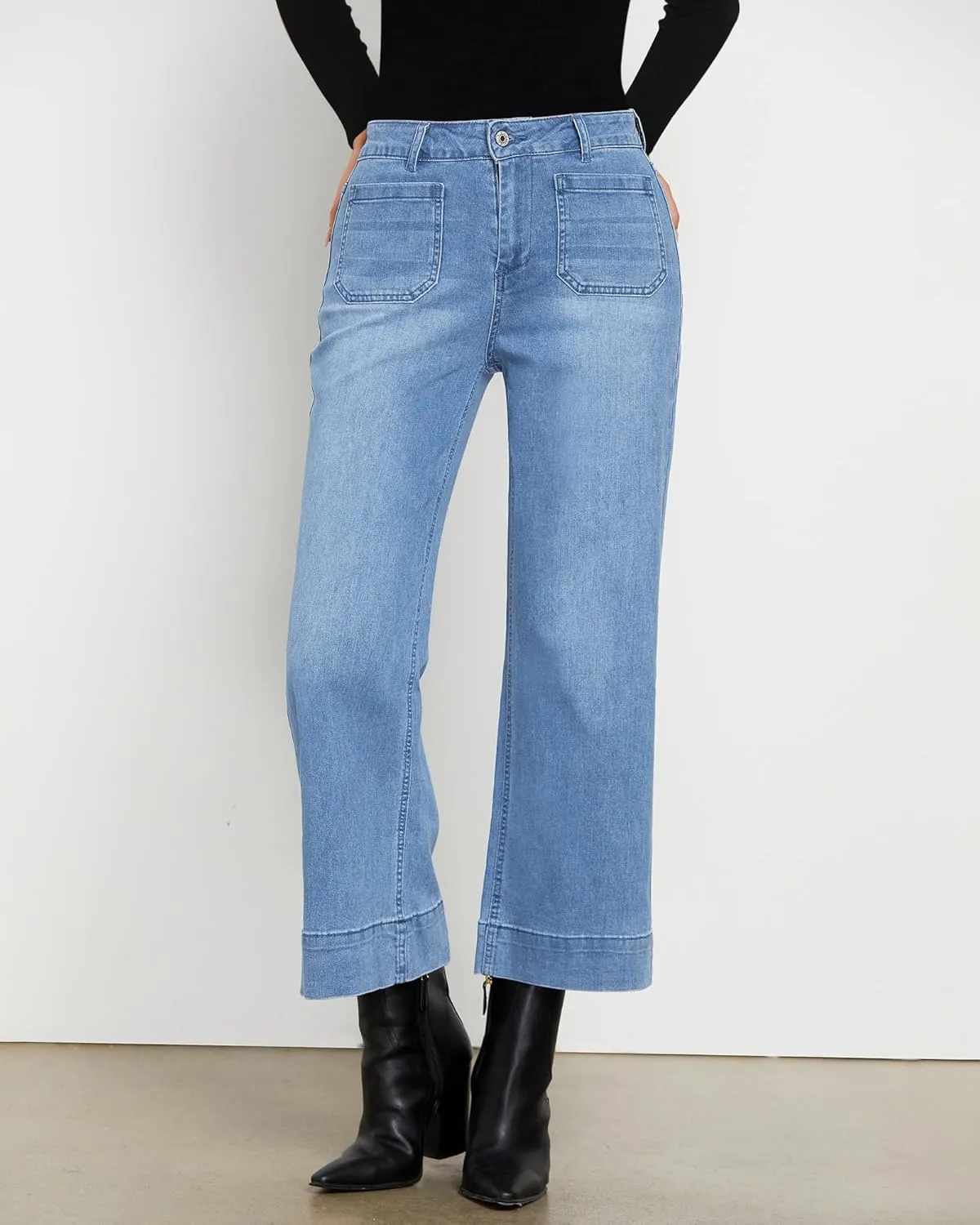 LookbookStore Wide Leg Cropped Jeans for Women High Waisted Stretchy Denim Jean Pants Baggy Flare Trouser Jeans Pockets