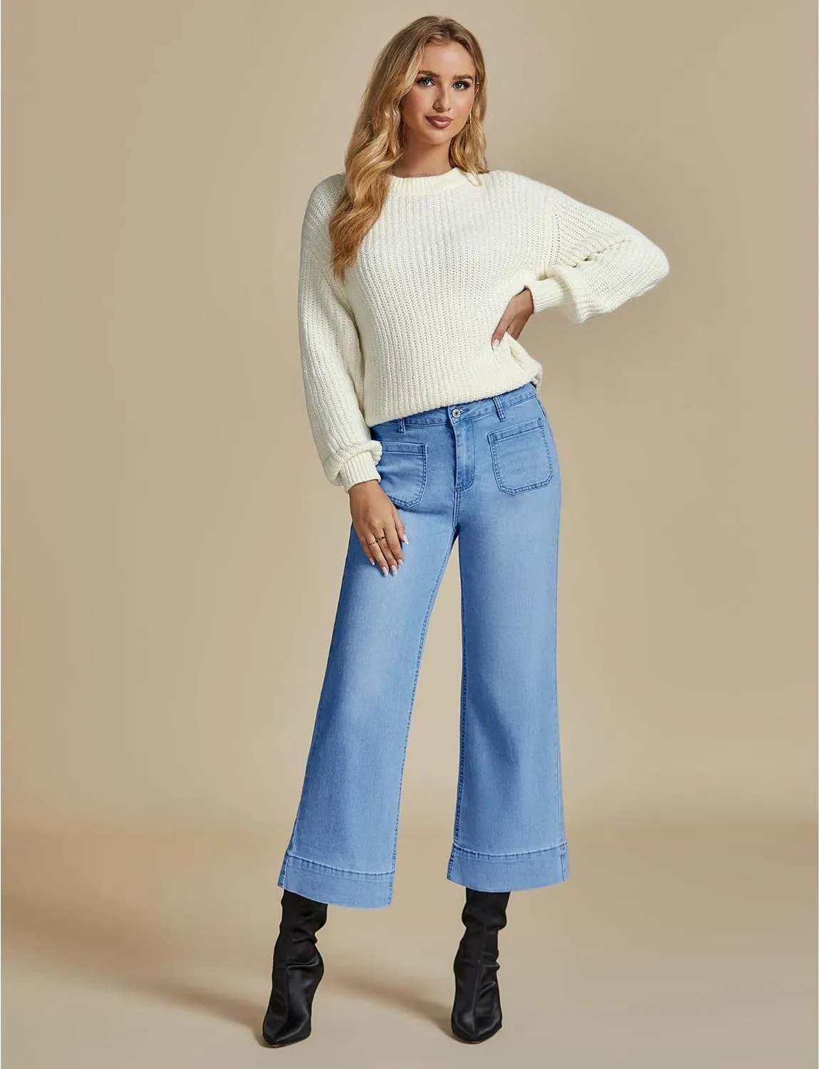 LookbookStore Wide Leg Cropped Jeans for Women High Waisted Stretchy Denim Jean Pants Baggy Flare Trouser Jeans Pockets