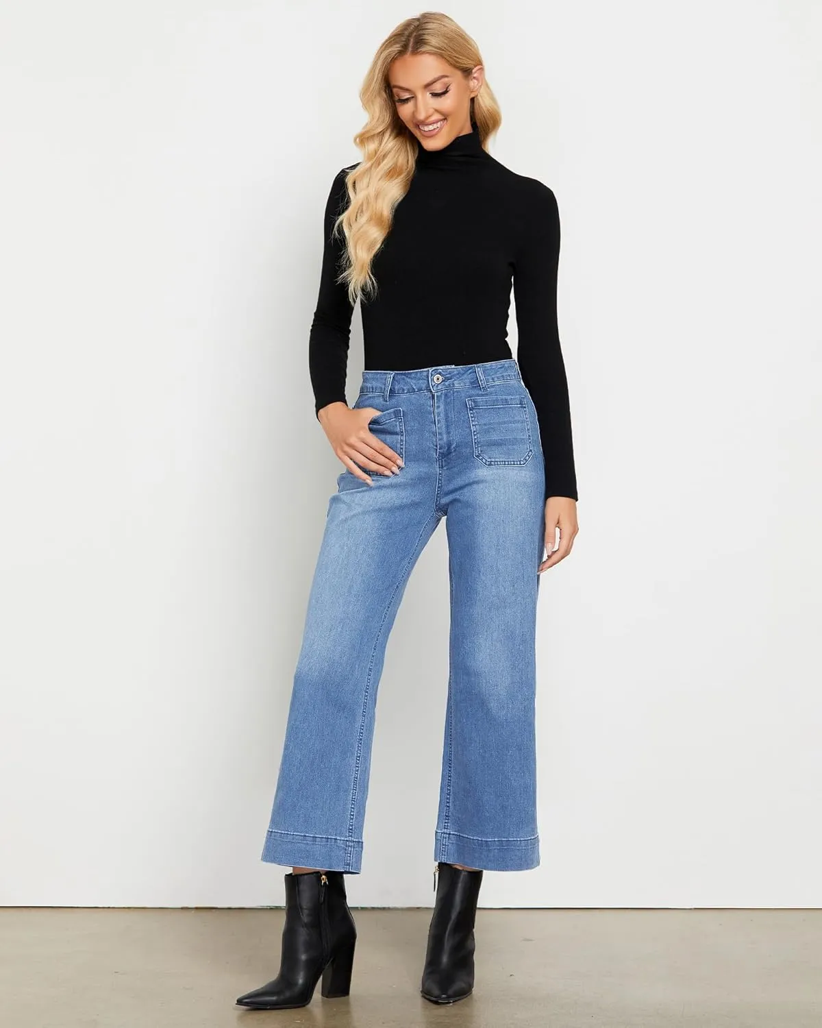LookbookStore Wide Leg Cropped Jeans for Women High Waisted Stretchy Denim Jean Pants Baggy Flare Trouser Jeans Pockets