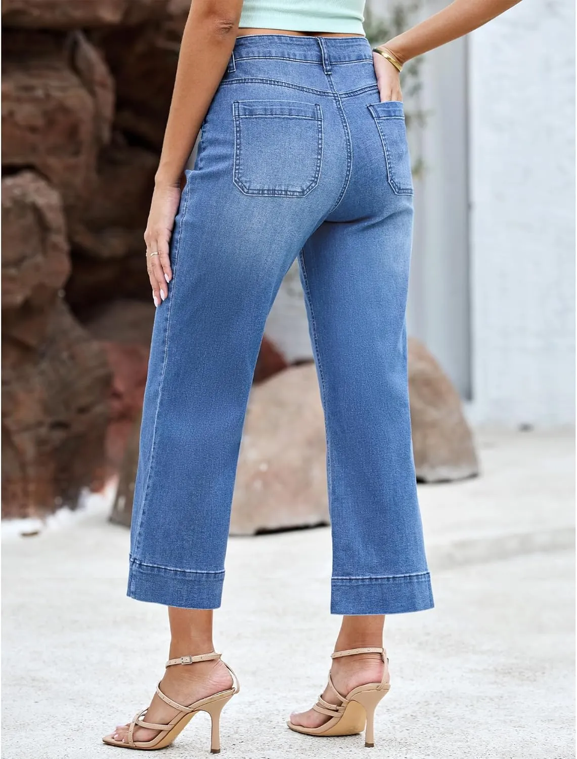 LookbookStore Wide Leg Cropped Jeans for Women High Waisted Stretchy Denim Jean Pants Baggy Flare Trouser Jeans Pockets