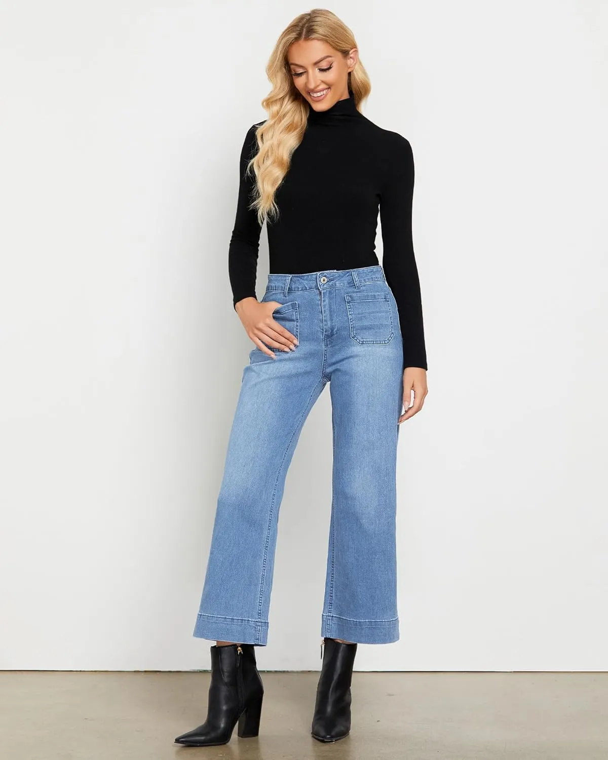 LookbookStore Wide Leg Cropped Jeans for Women High Waisted Stretchy Denim Jean Pants Baggy Flare Trouser Jeans Pockets