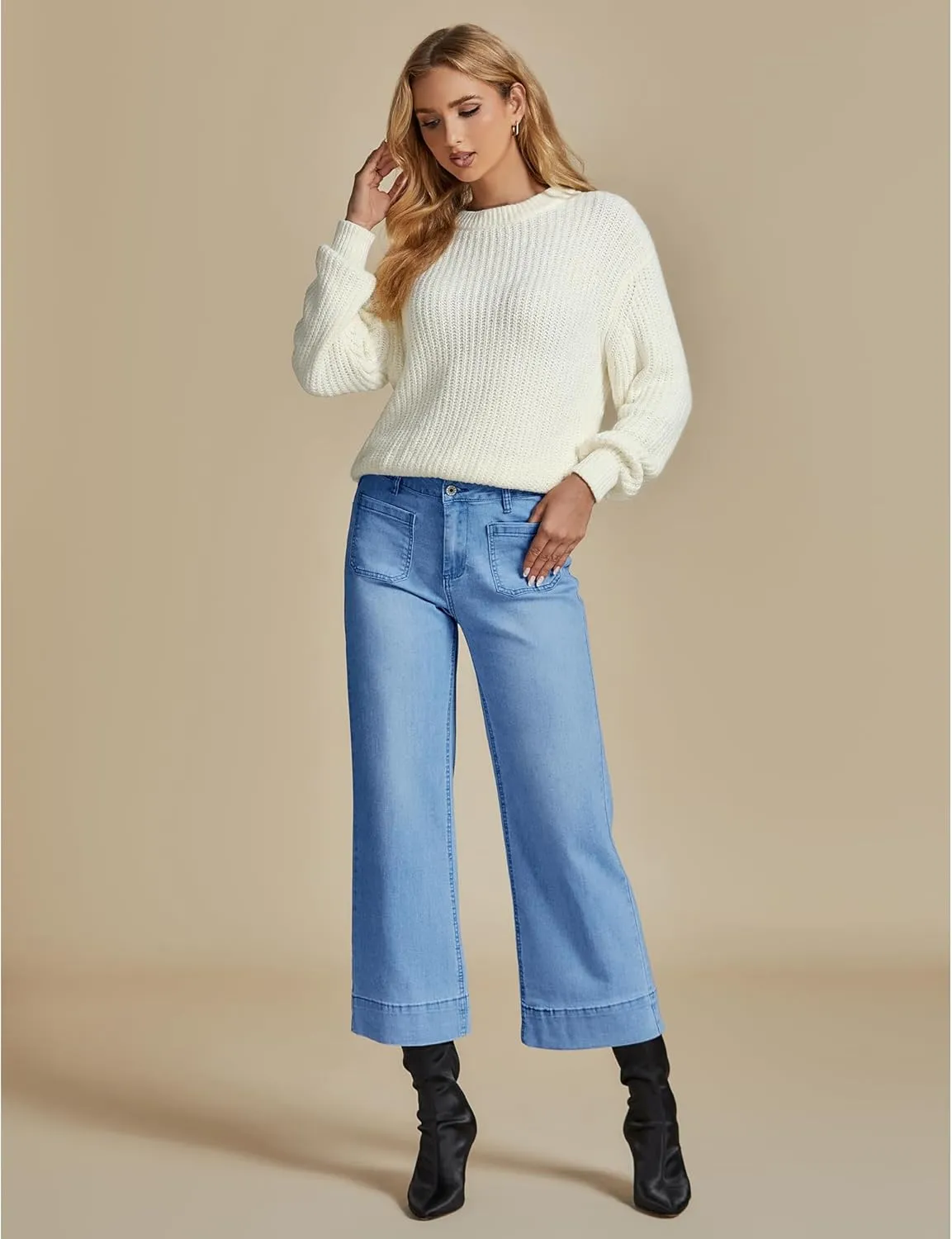 LookbookStore Wide Leg Cropped Jeans for Women High Waisted Stretchy Denim Jean Pants Baggy Flare Trouser Jeans Pockets