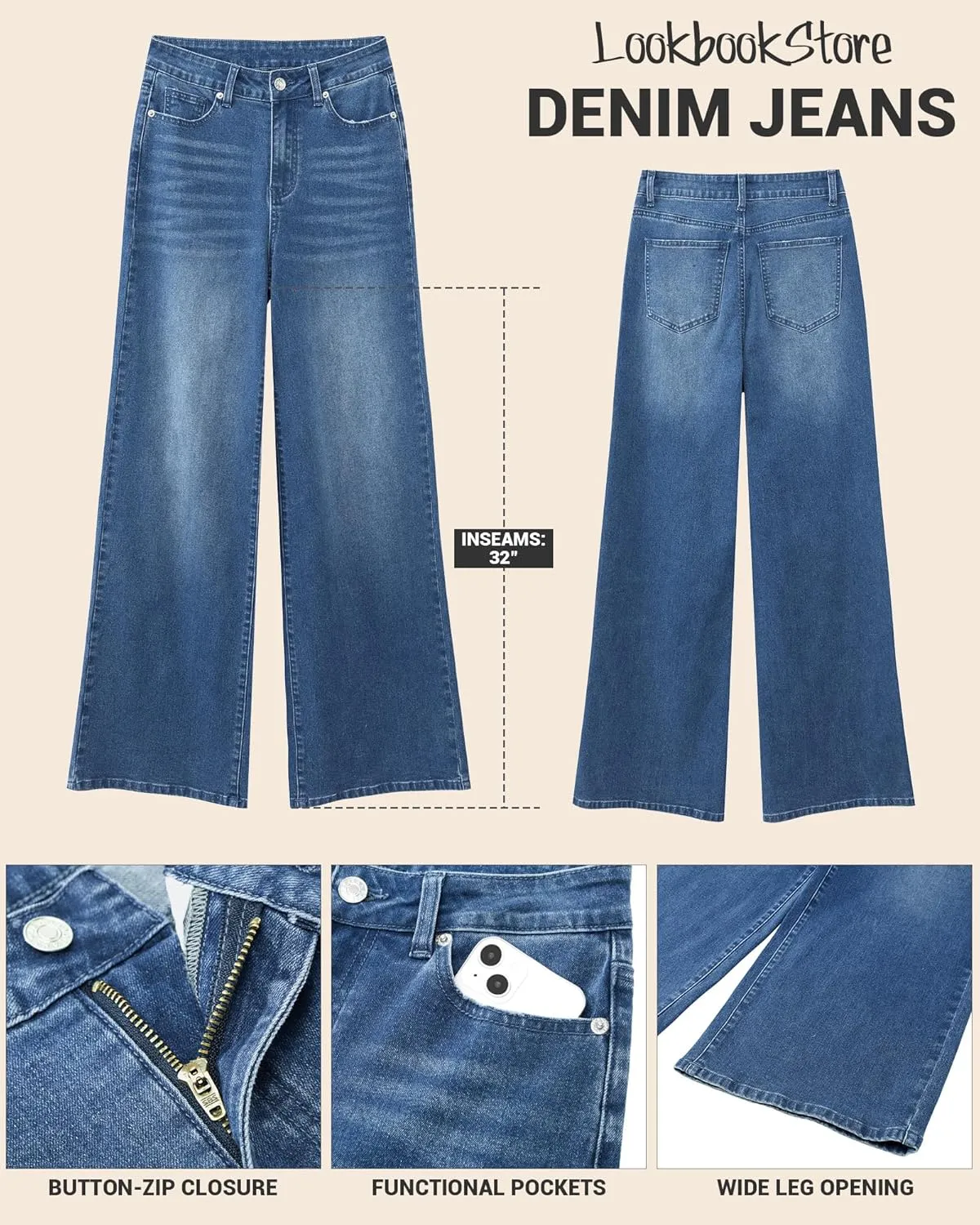 LookbookStore Wide Leg Jeans for Women High Waisted Stretchy Denim Jeans Fashion Baggy Trouser Jean Pants with Pockets