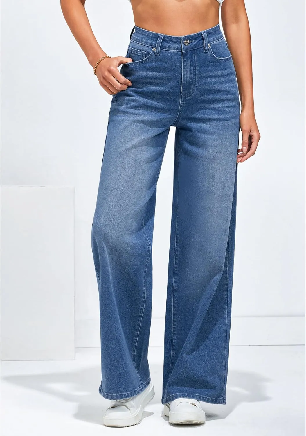 LookbookStore Wide Leg Jeans for Women High Waisted Stretchy Denim Jeans Fashion Baggy Trouser Jean Pants with Pockets