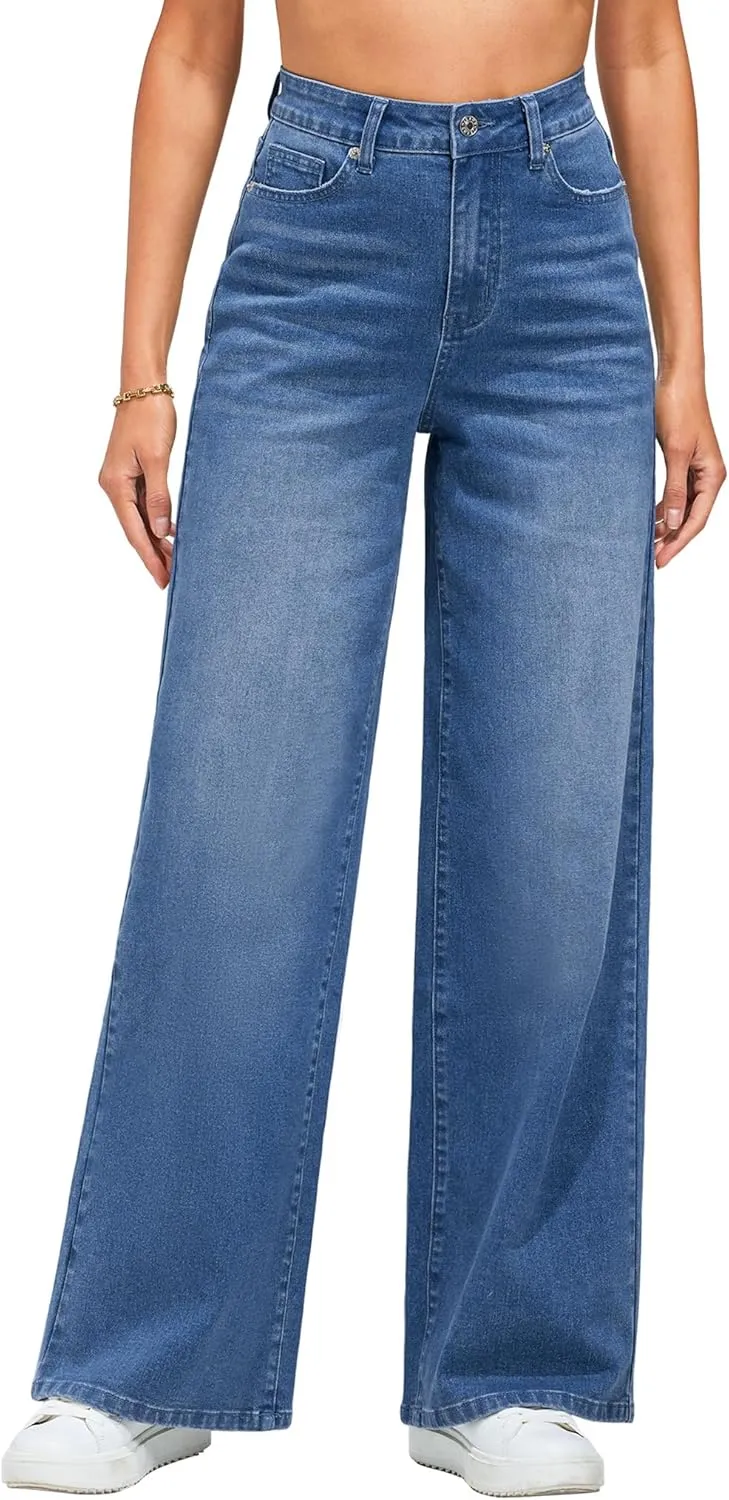 LookbookStore Wide Leg Jeans for Women High Waisted Stretchy Denim Jeans Fashion Baggy Trouser Jean Pants with Pockets