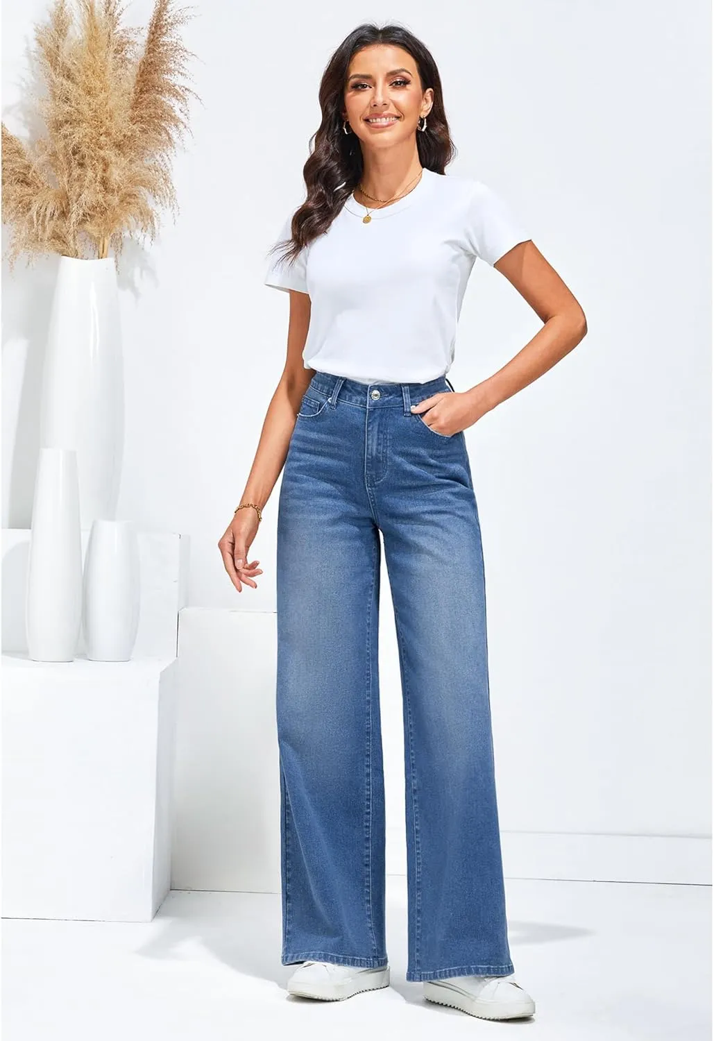 LookbookStore Wide Leg Jeans for Women High Waisted Stretchy Denim Jeans Fashion Baggy Trouser Jean Pants with Pockets