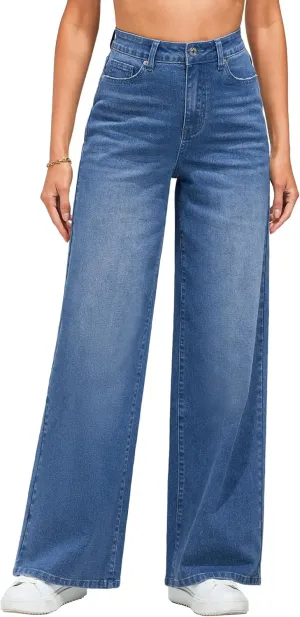 LookbookStore Wide Leg Jeans for Women High Waisted Stretchy Denim Jeans Fashion Baggy Trouser Jean Pants with Pockets