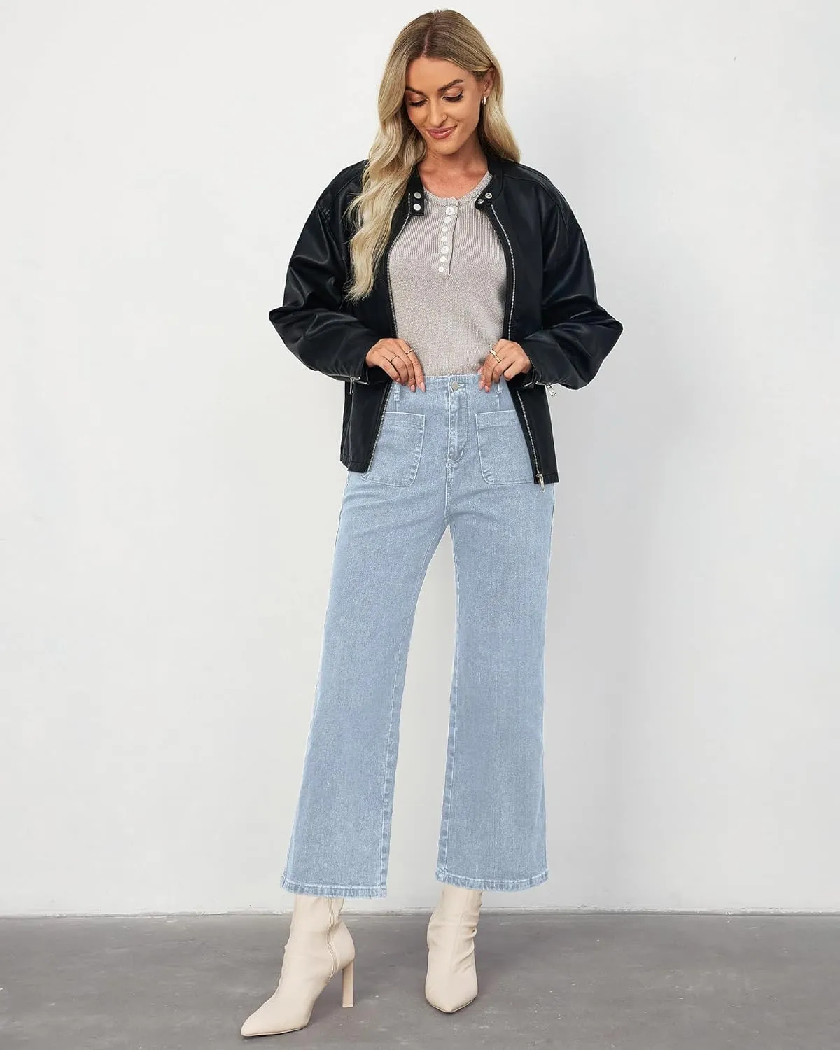 LookbookStore Womens Jeans High Waisted Trendy Cropped Wide Leg Baggy Stretchy Denim Jean Pants Pocket Trousers Jeans