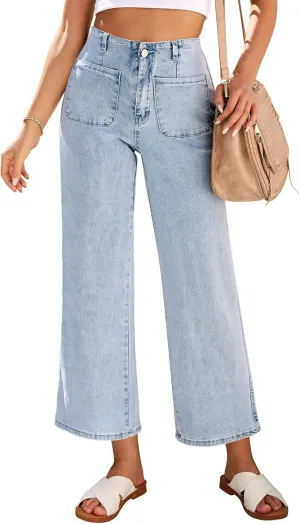 LookbookStore Womens Jeans High Waisted Trendy Cropped Wide Leg Baggy Stretchy Denim Jean Pants Pocket Trousers Jeans