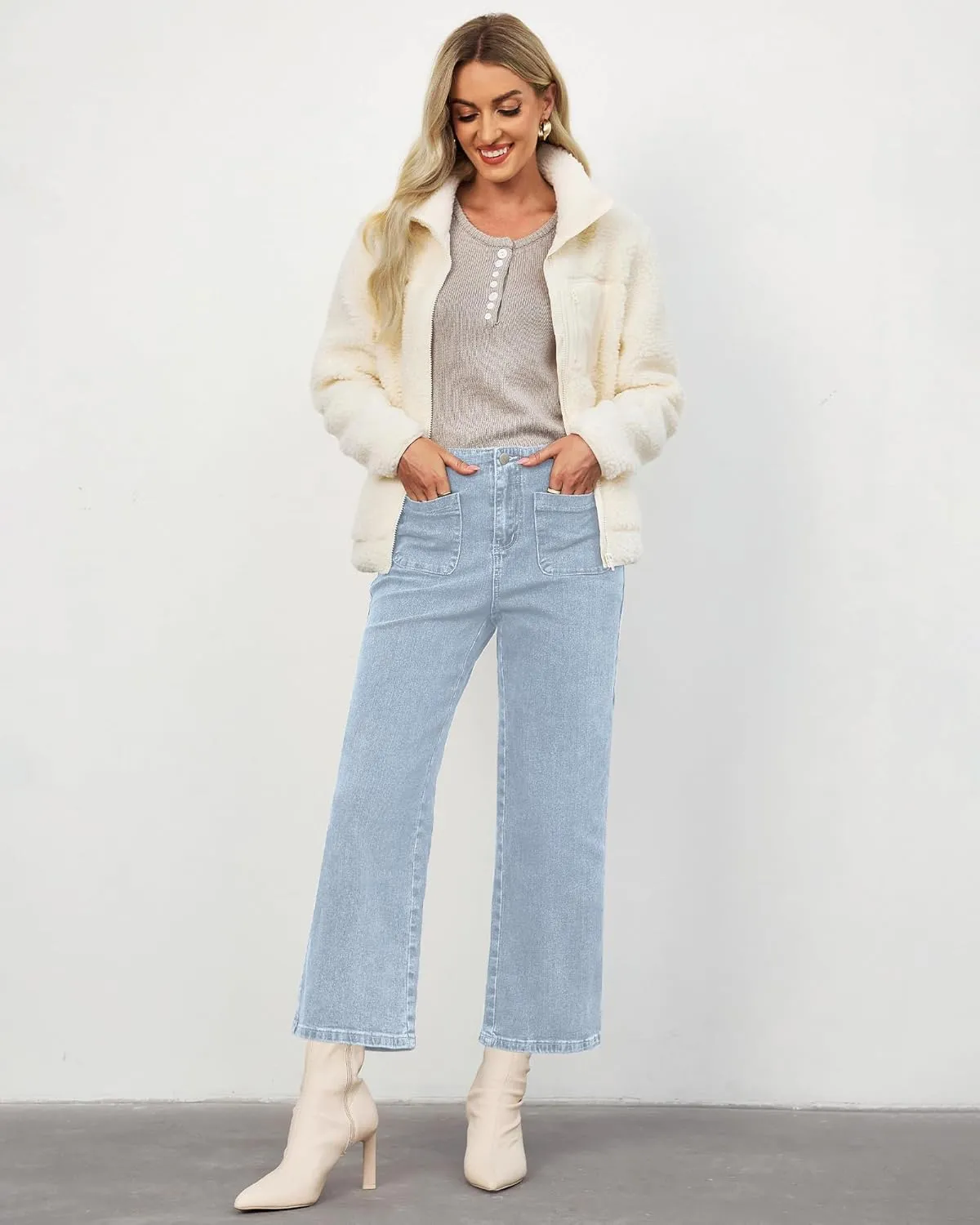 LookbookStore Womens Jeans High Waisted Trendy Cropped Wide Leg Baggy Stretchy Denim Jean Pants Pocket Trousers Jeans