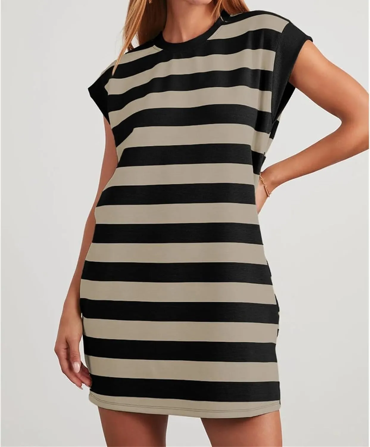 Loose Fit Dresses for Women Cap Sleeve Crewneck Striped Dress Loungewear Summer Casual Plus Size Mini Dress 2025