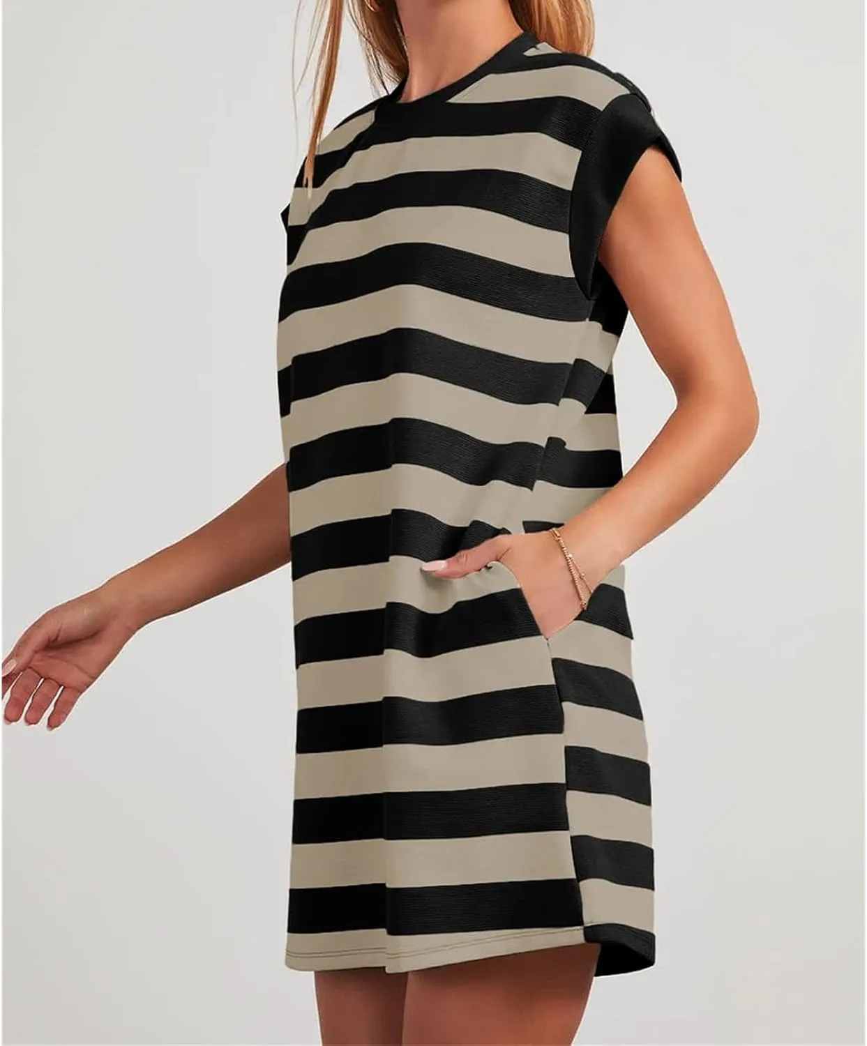 Loose Fit Dresses for Women Cap Sleeve Crewneck Striped Dress Loungewear Summer Casual Plus Size Mini Dress 2025