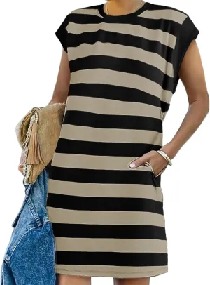 Loose Fit Dresses for Women Cap Sleeve Crewneck Striped Dress Loungewear Summer Casual Plus Size Mini Dress 2025