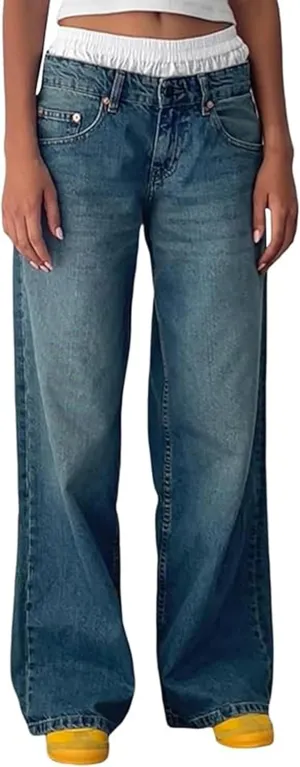 Low Rise Baggy Jeans for Women y2k Straight Wide Leg Boyfriend Trendy Cute Jeans White Long Denim Pants