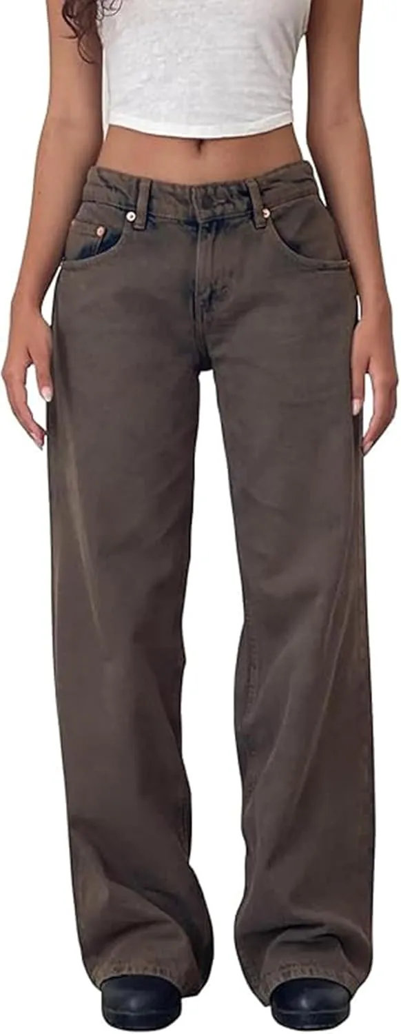 Low Rise Baggy Jeans for Women y2k Straight Wide Leg Boyfriend Trendy Cute Jeans White Long Denim Pants