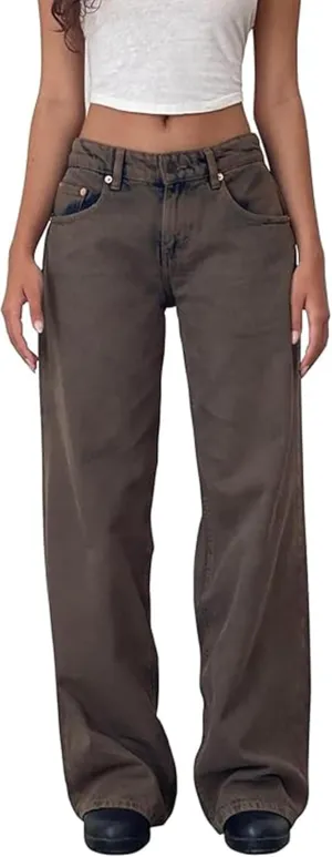 Low Rise Baggy Jeans for Women y2k Straight Wide Leg Boyfriend Trendy Cute Jeans White Long Denim Pants