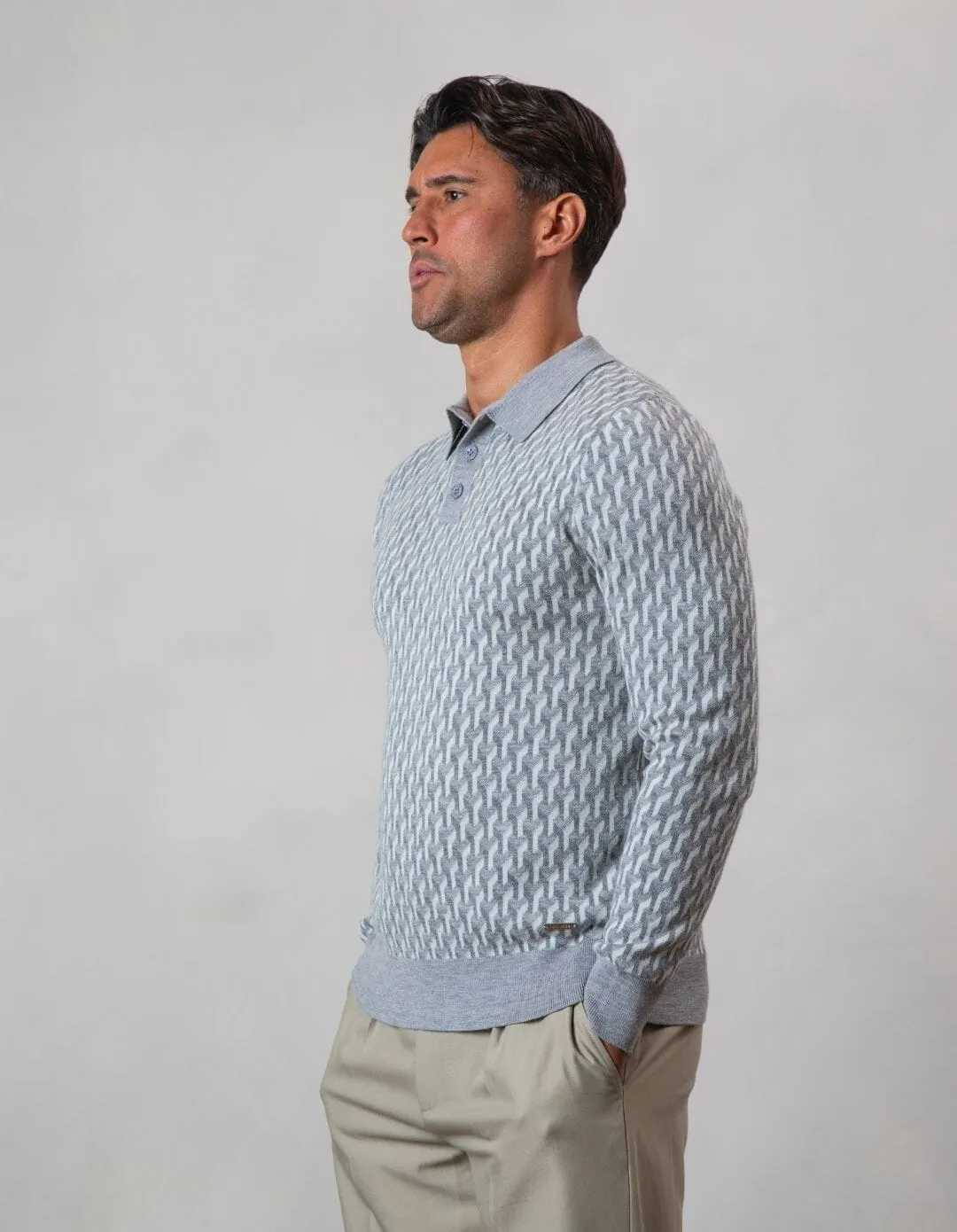 L/S Grey Illusion Knit Print Polo