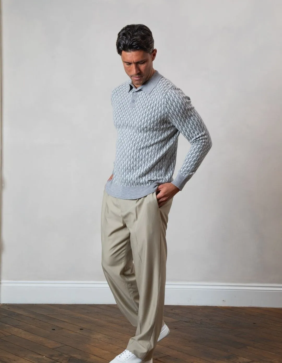 L/S Grey Illusion Knit Print Polo