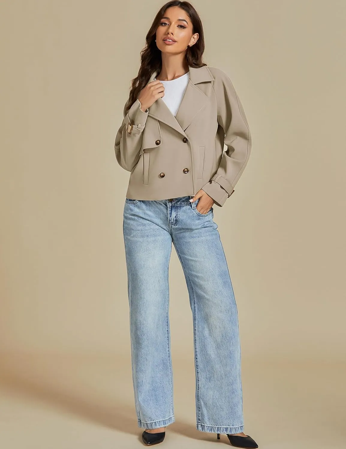 luvamia Cropped Trench Coat for Women Long Sleeve Double Breasted Notched Lapel Casual Loose Fit Jackets with Pockets