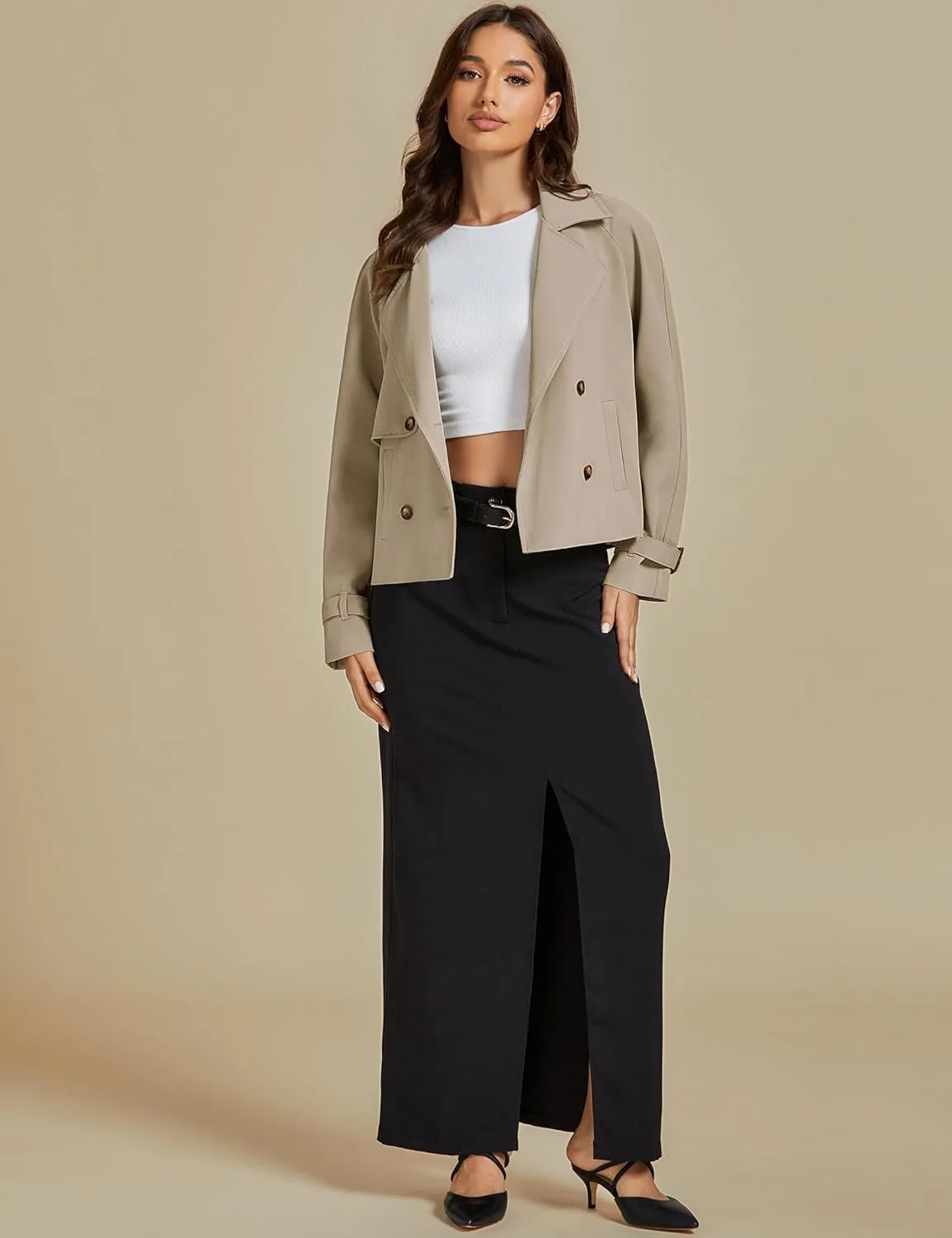 luvamia Cropped Trench Coat for Women Long Sleeve Double Breasted Notched Lapel Casual Loose Fit Jackets with Pockets