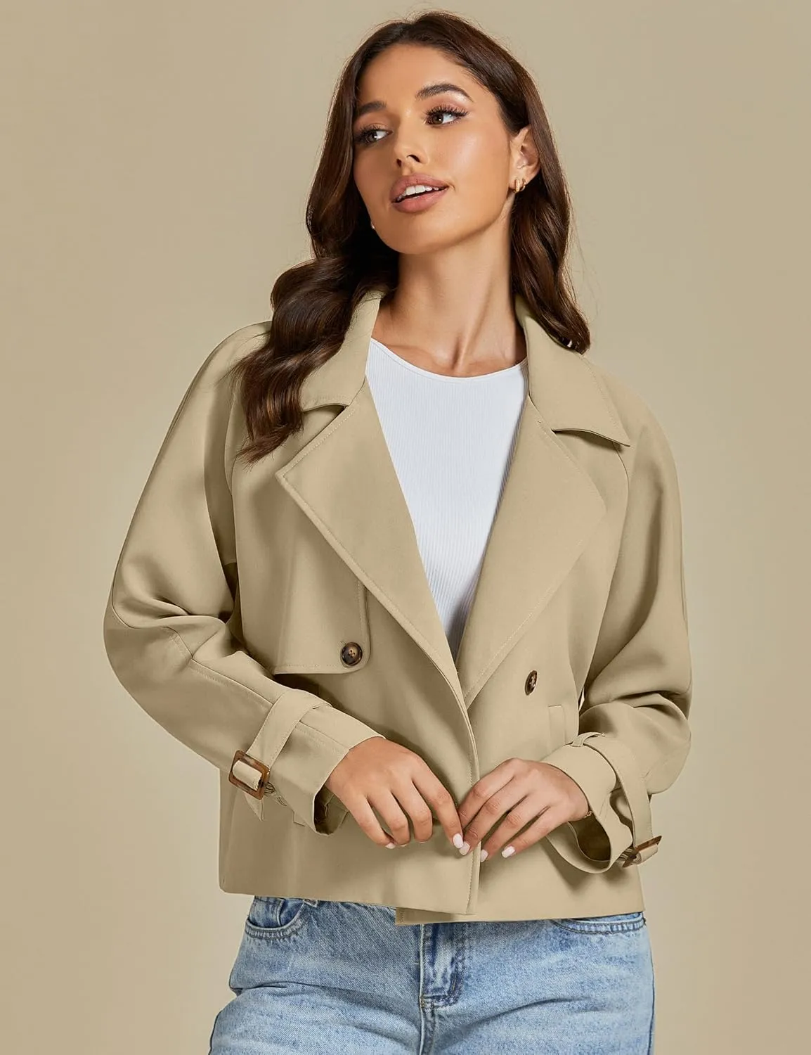 luvamia Cropped Trench Coat for Women Long Sleeve Double Breasted Notched Lapel Casual Loose Fit Jackets with Pockets
