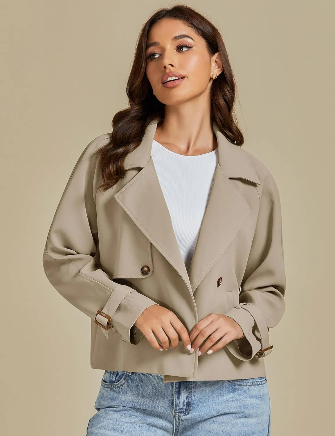 luvamia Cropped Trench Coat for Women Long Sleeve Double Breasted Notched Lapel Casual Loose Fit Jackets with Pockets