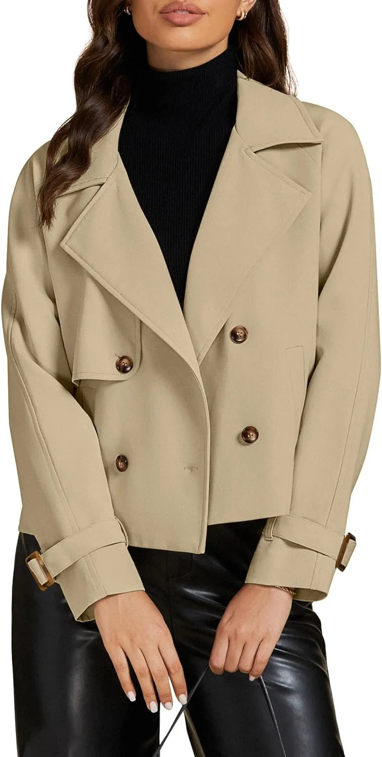 luvamia Cropped Trench Coat for Women Long Sleeve Double Breasted Notched Lapel Casual Loose Fit Jackets with Pockets