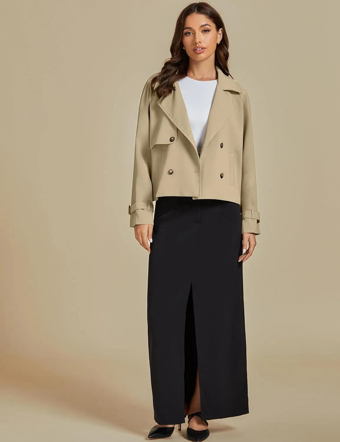 luvamia Cropped Trench Coat for Women Long Sleeve Double Breasted Notched Lapel Casual Loose Fit Jackets with Pockets