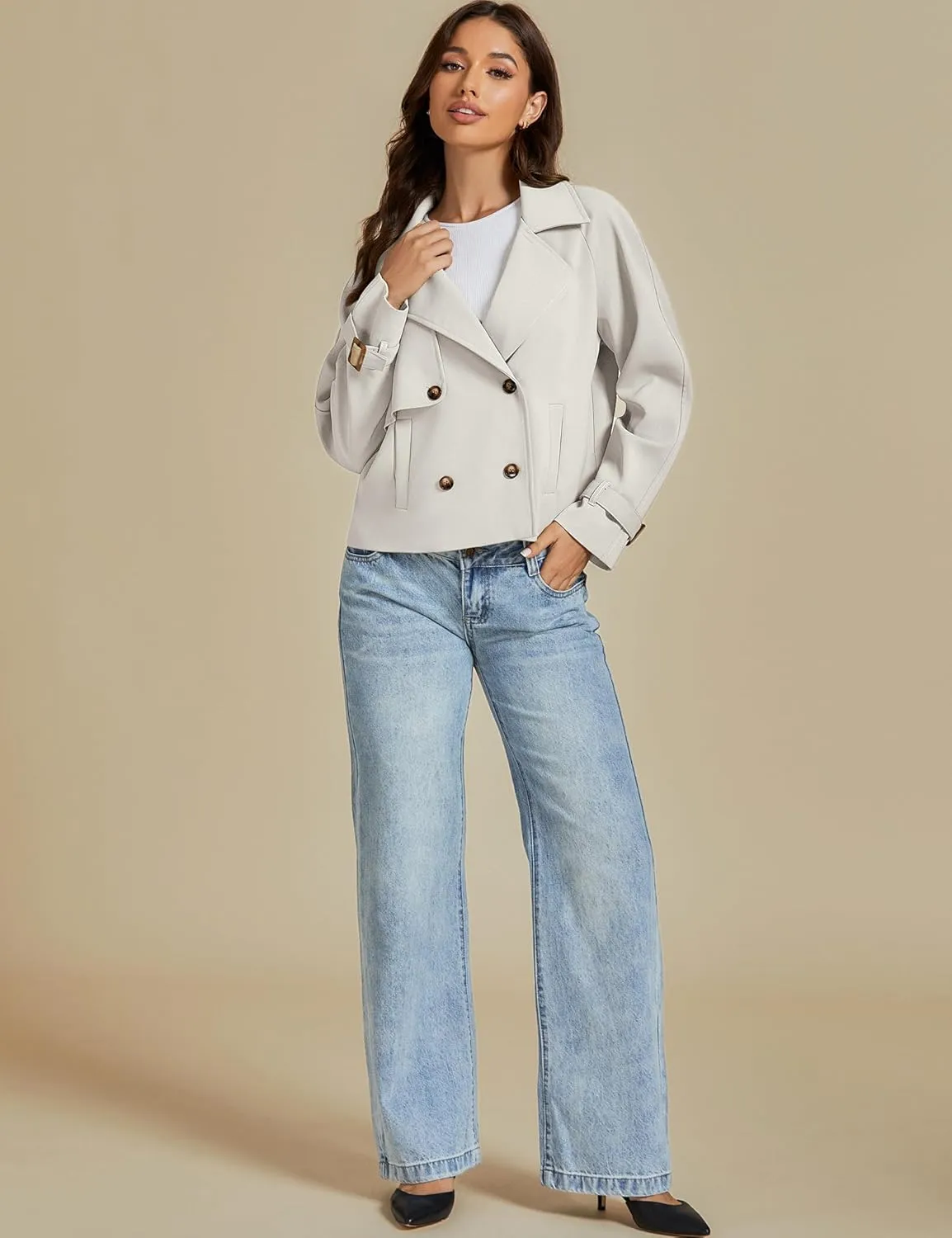 luvamia Cropped Trench Coat for Women Long Sleeve Double Breasted Notched Lapel Casual Loose Fit Jackets with Pockets