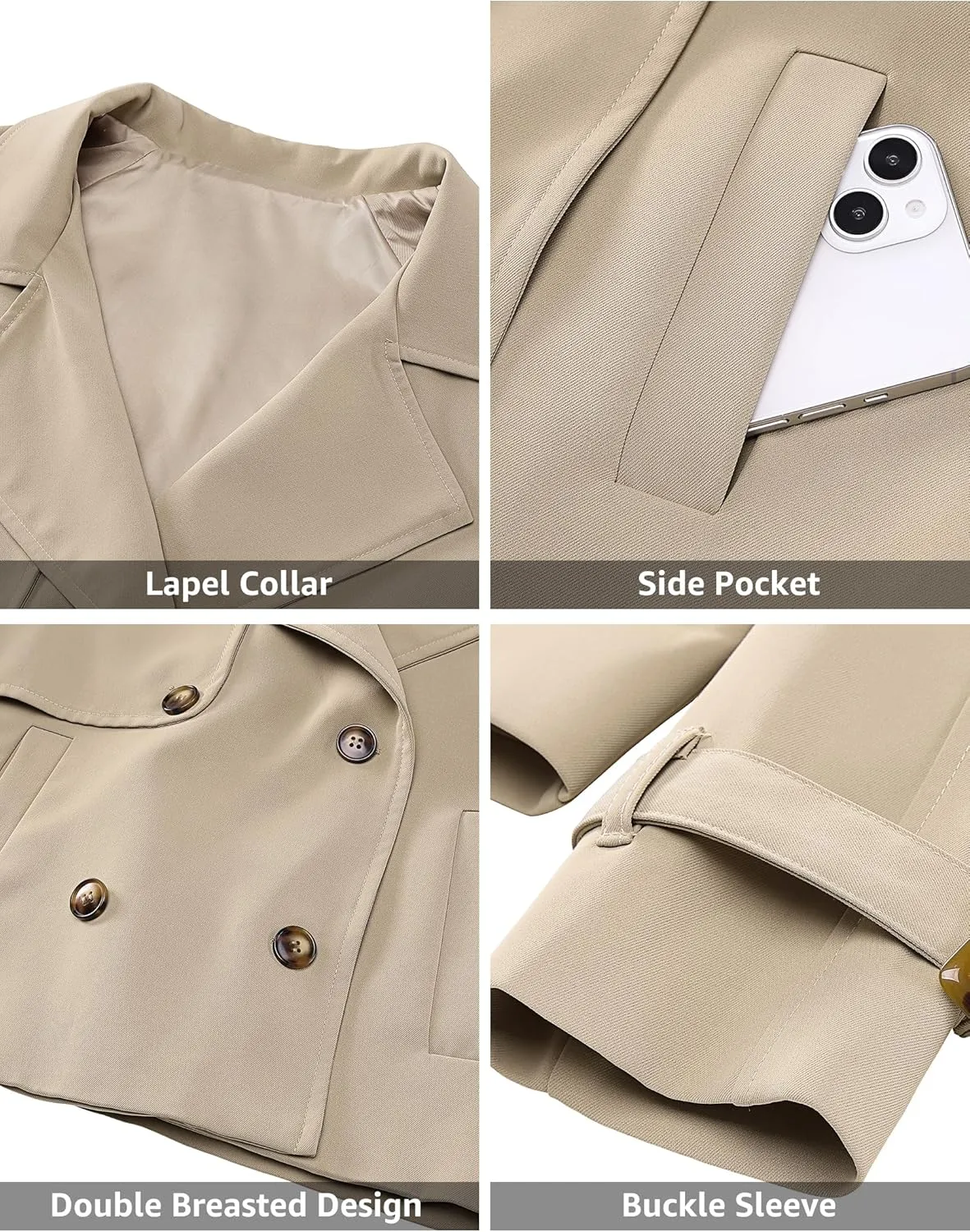 luvamia Cropped Trench Coat for Women Long Sleeve Double Breasted Notched Lapel Casual Loose Fit Jackets with Pockets